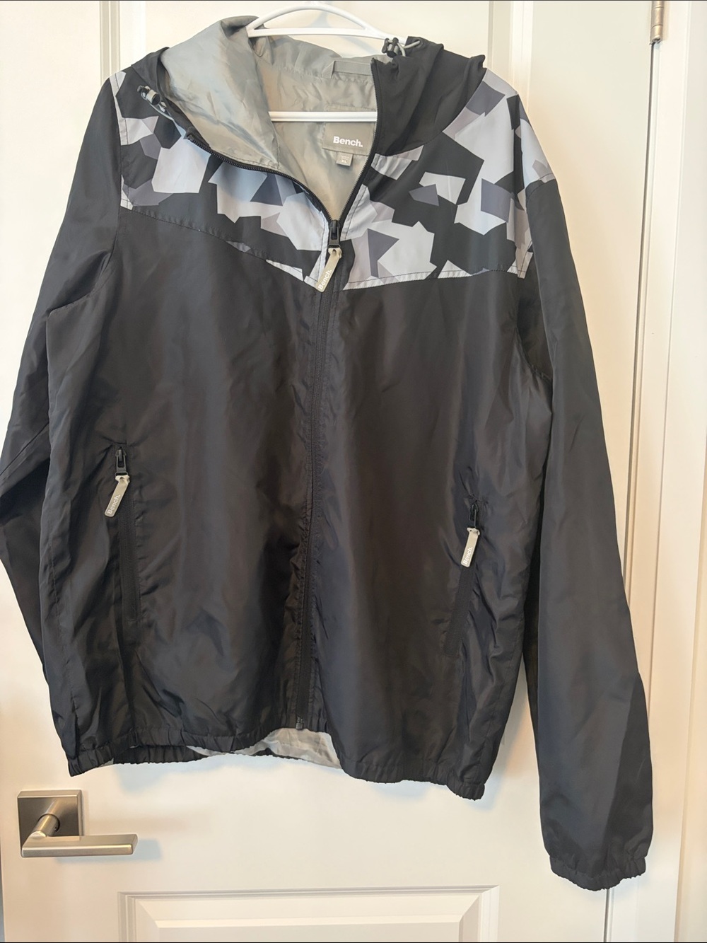 Bench Black Windbreaker Jacket with Gray/White Geo Accent